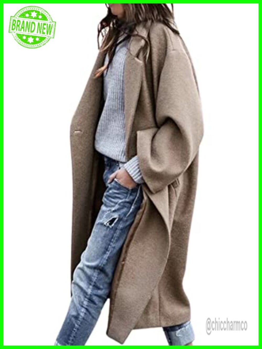 Oversized Wool Blend Midi Trench Coat Notched Collar Button Front